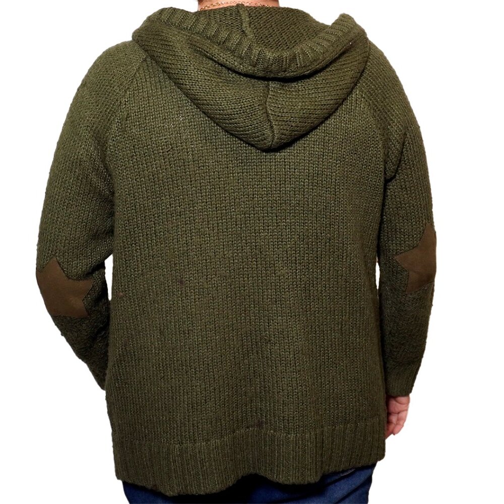 Rib Star Elbow Patch Zip Hoodie Cardigan Olive Green - Picture 3 of 10